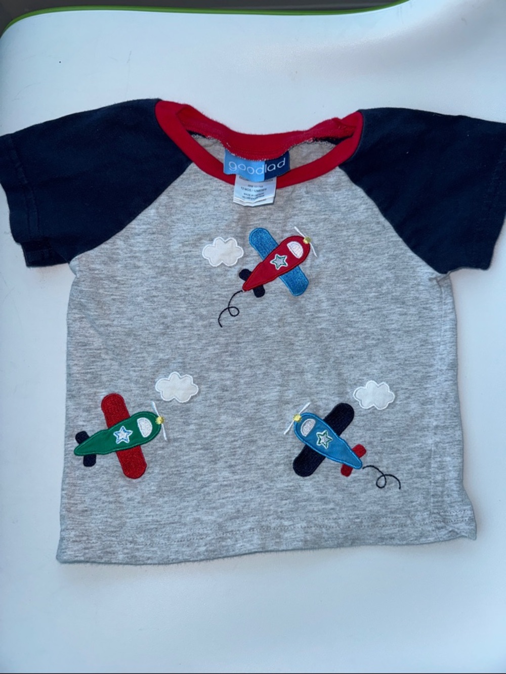 Good Lad Grey Raglan Tee with Navy Sleeves and Multi-Color Airplanes